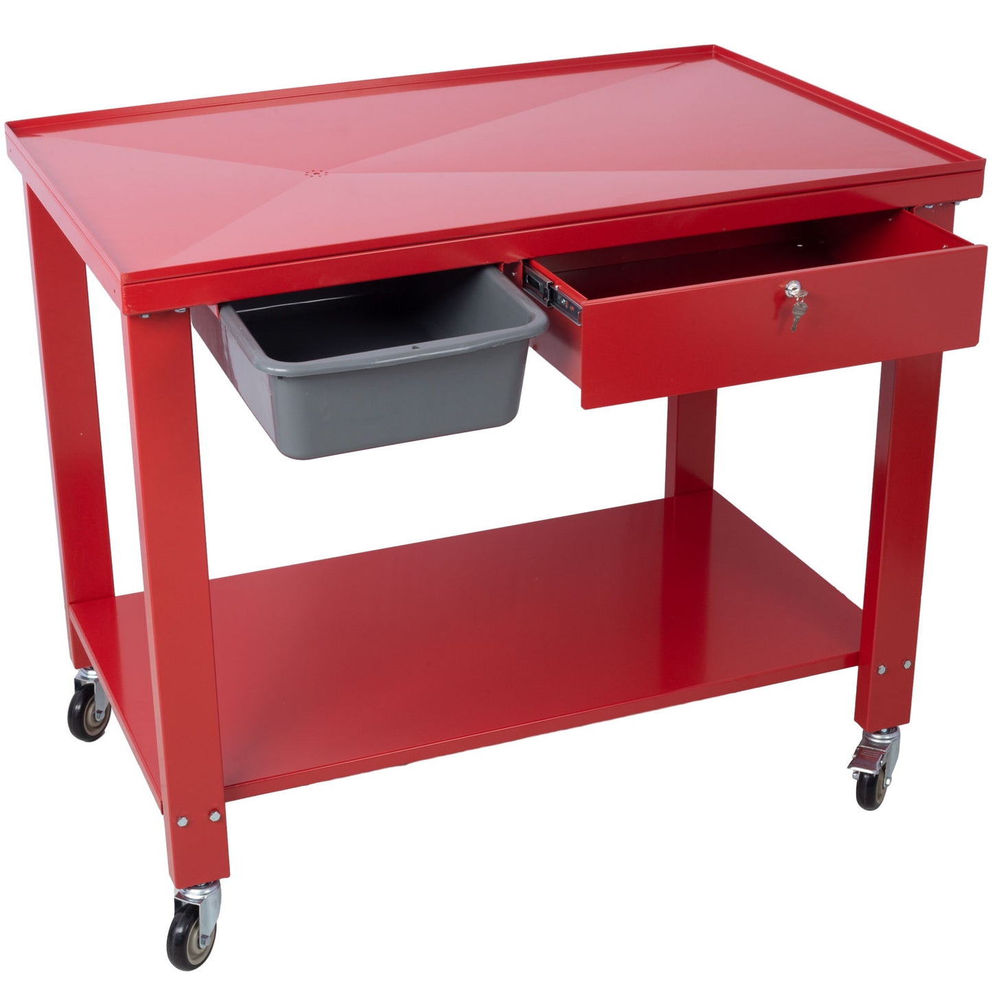 Transmission Teardown Work Station 1 / 2 Ton Capacity Sloping Drain Table Locking Drawer Removable Drain Basin Full-Width Lower Shelf Four 4" Caster Wheels Daily Nest