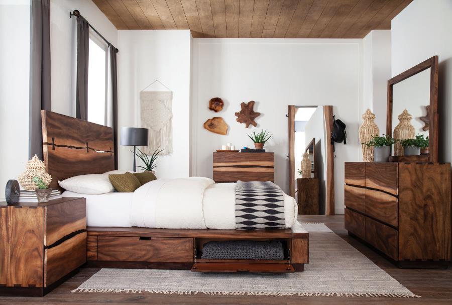 Modern bedroom set with wood bed frame, dresser, and nightstands in a calm bedroom setting