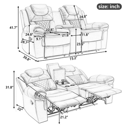 3 Pieces Recliner Sofa Sets Home Theater Seating Manual Recliner Chair & Center Console And LED Light Strip For Living Room - Brown Hearth and Haven