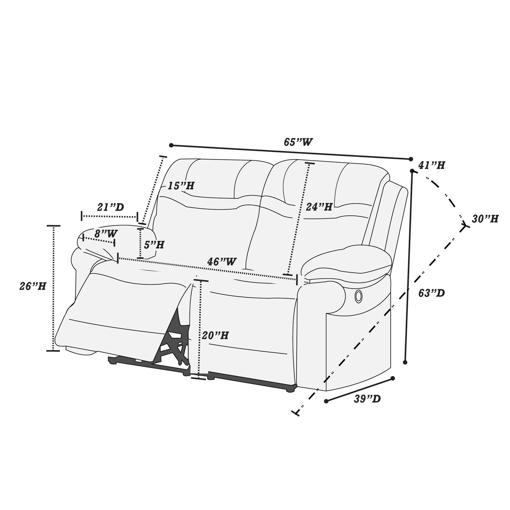 1 Piece Power Reclining Loveseat With USB Port, Fully Upholstered Pillow Arms And Headrest - Brown Home Essentials