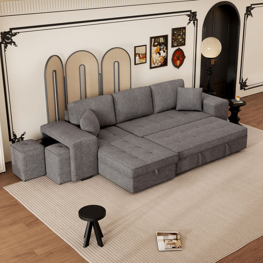 Modern L-Shape 3 Seat Reversible Sectional Couch, Pull Out Sleeper Sofa With Storage Chaise And 2 Stools For Living Room Furniture Set Hearth and Haven