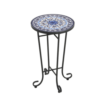 French Country Patio Side Table With Vibrant Tile Top Noble House