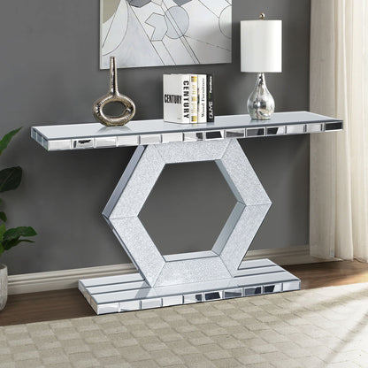 Sparkling Crystal Hexagon Mirror Entryway Premium Modern Foyer Console Table With Diamond Glass Effects, Dual Tier Luxury Sofa Table - Silver Home Essentials