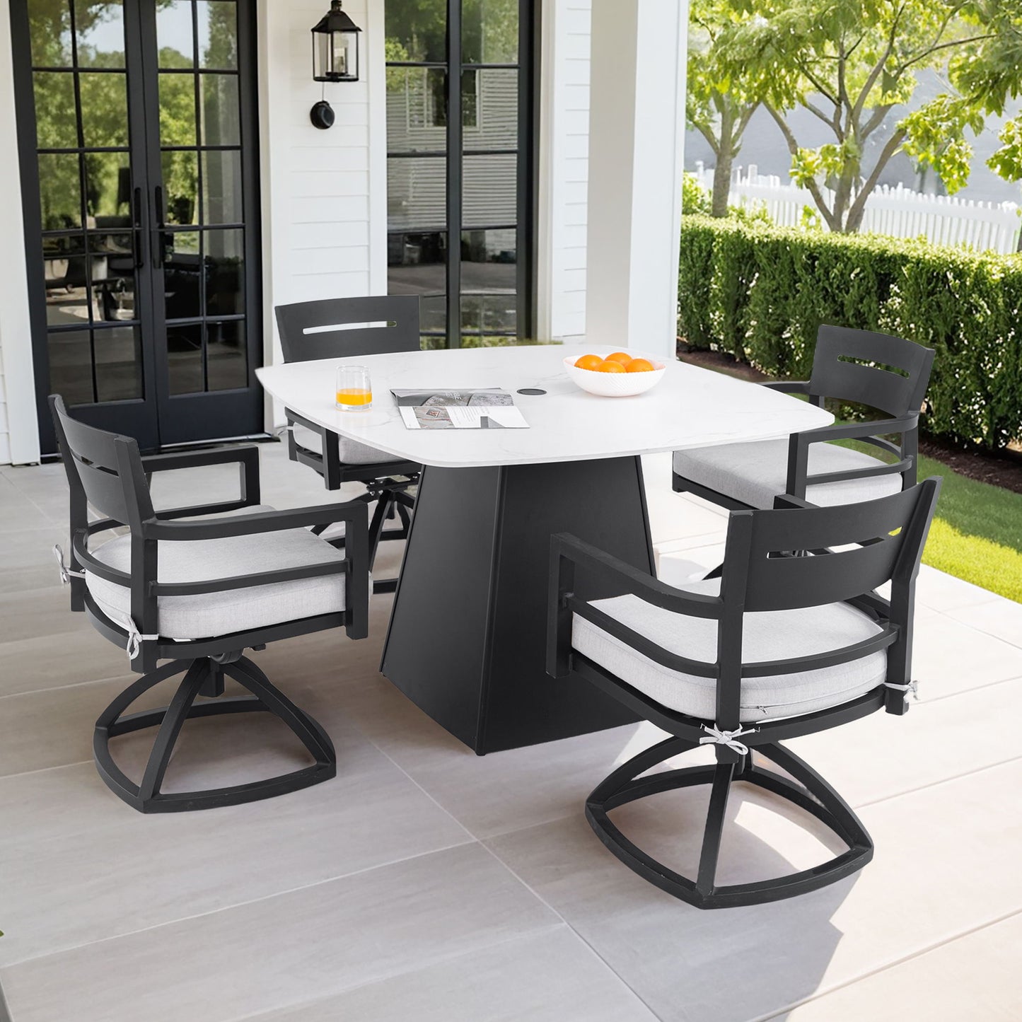 Outdoor Patio Dining Set, Squircle Dining Table, Dining Chairs With Sunbrella Cushions Life Outside