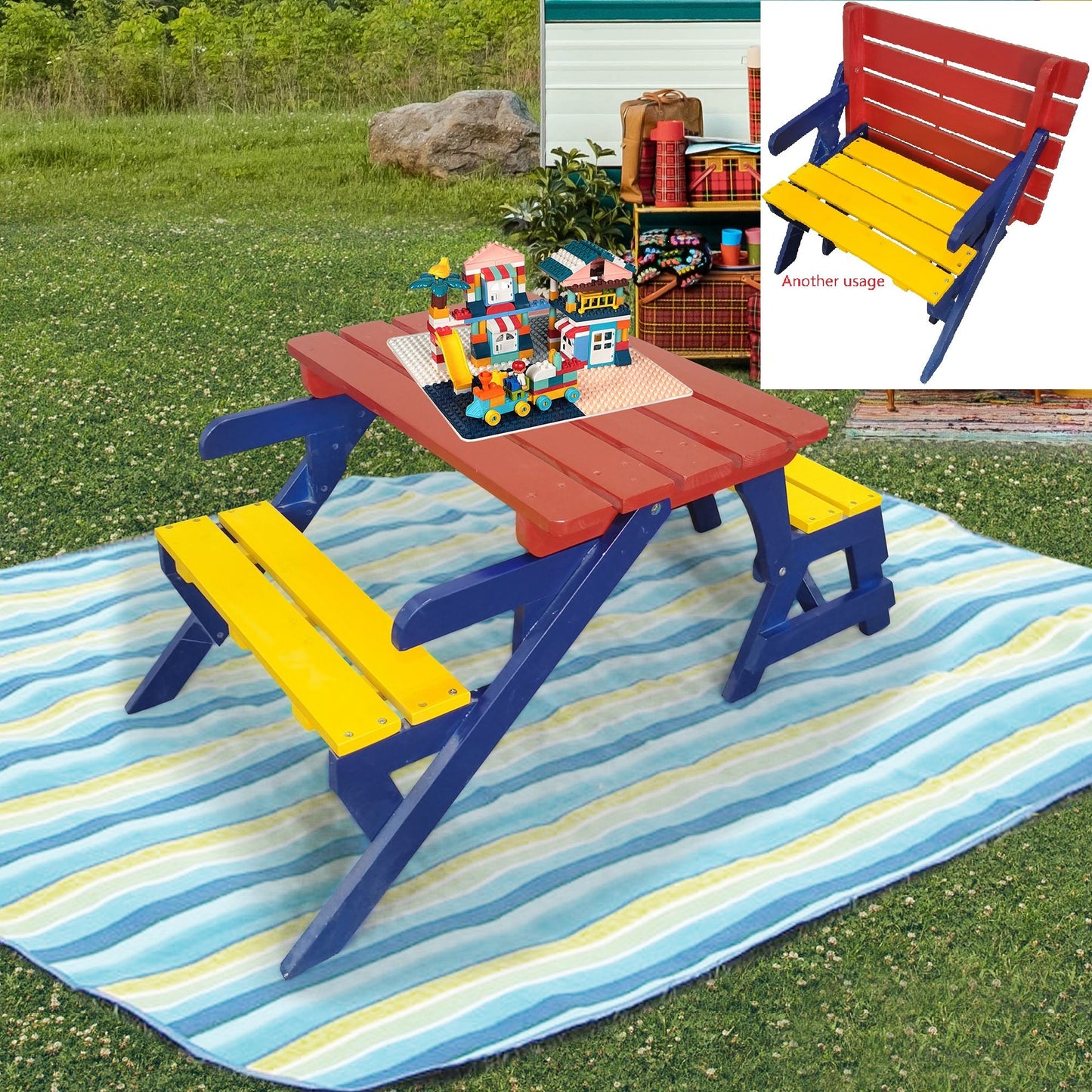 Kids Multi-Functional Arm Chair, Table With 2 Benches All-In-One Set Home Essentials