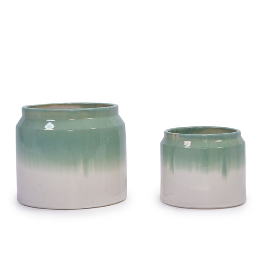 Gradient Flowerpot (Set of 2), Planter For Patio, Garden, Windowsill - White / Green Daily Nest