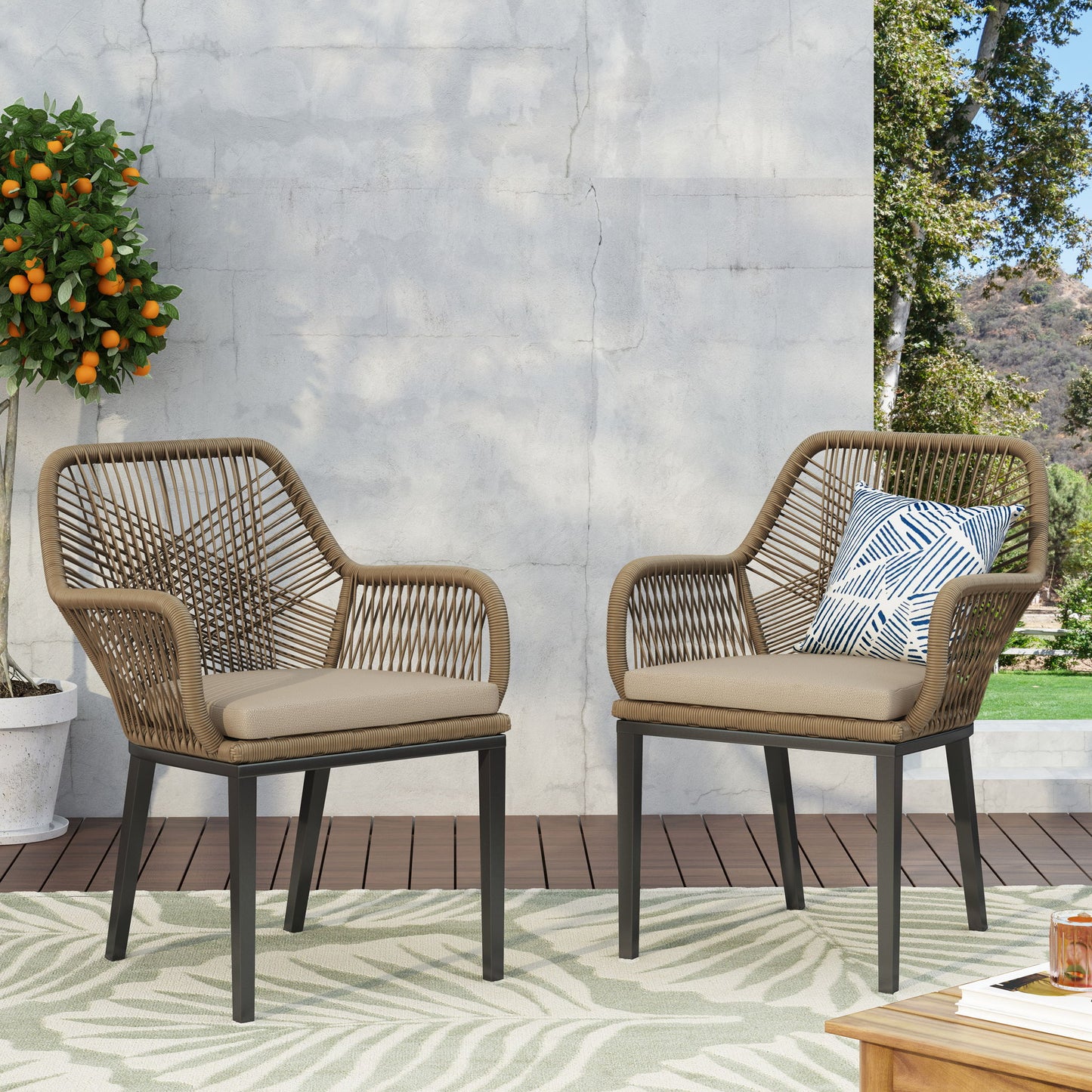 Modern Wicker Dining Club Chair With Water Resistant Cushions - Brown / Beige Noble House