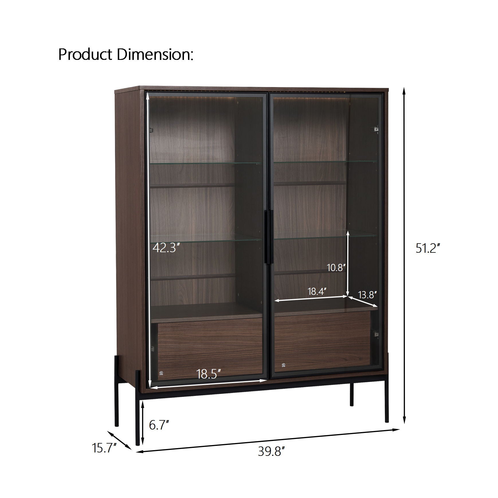 Modern Minimalist Style LED Curio Cabinet With Tempered Glass Door, Metal Legs Hearth and Haven