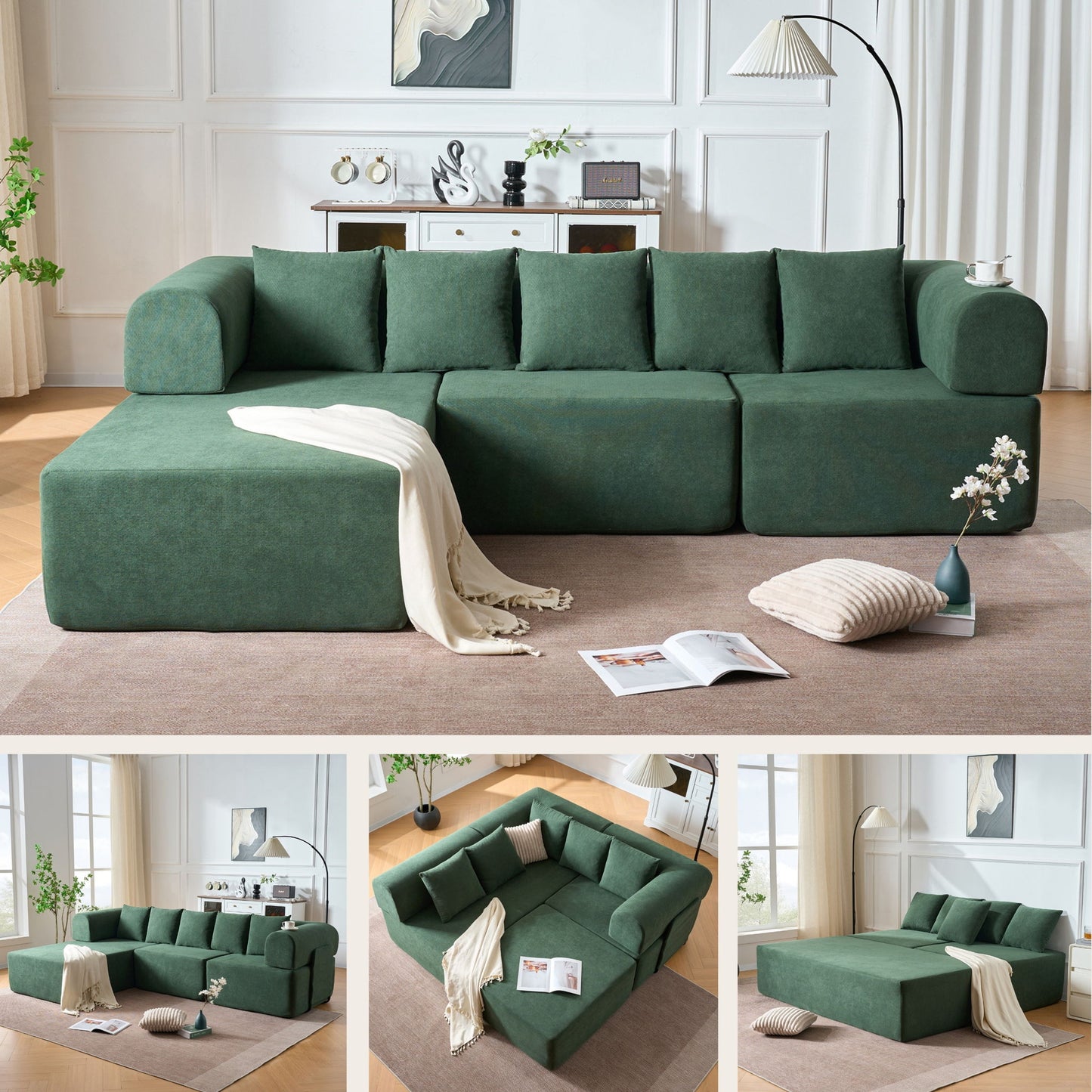 Modular L-Shaped Sectional Sofa With Deep Seat, Movable Chaise & 5 Pillows Home Essentials