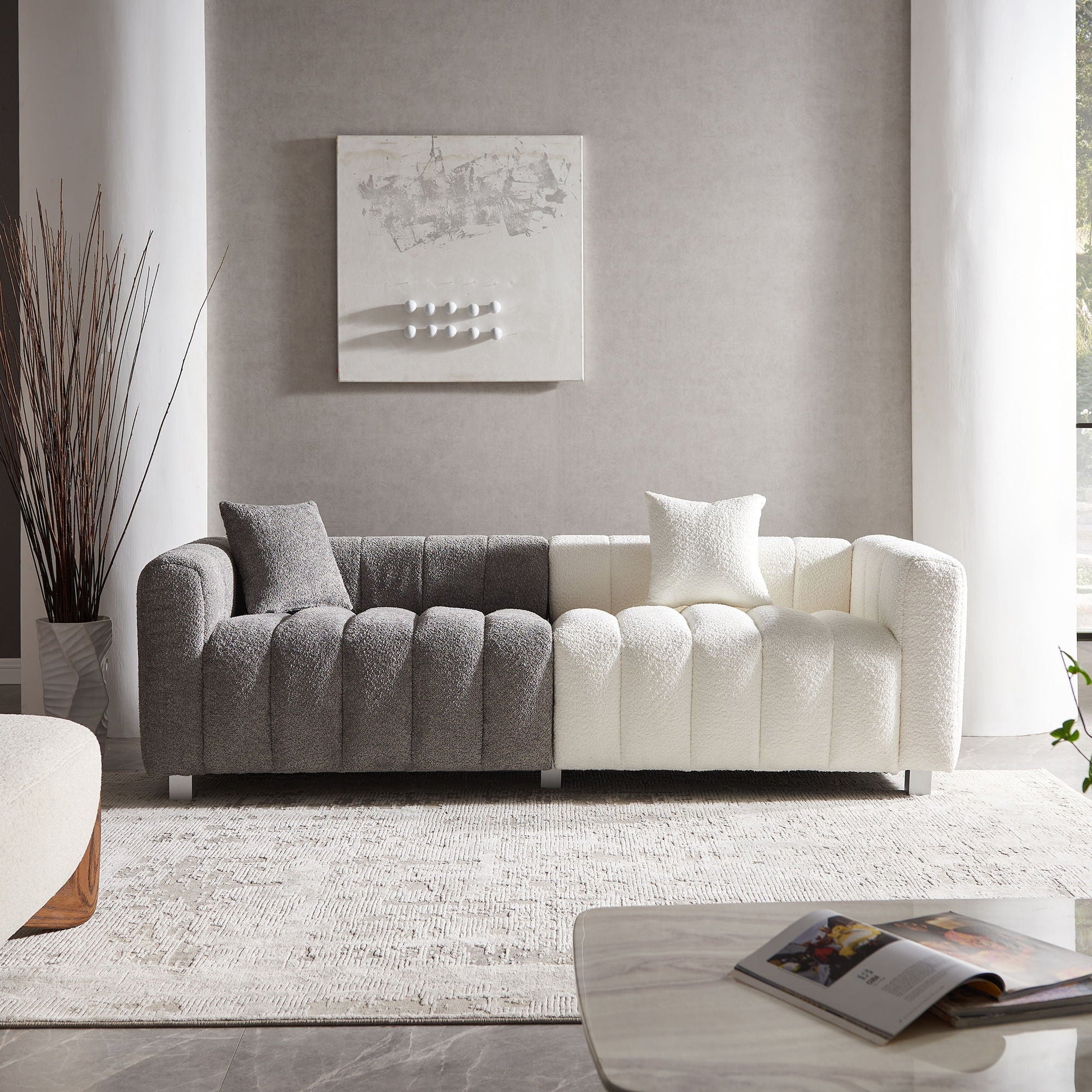 3 Seater Sofa With Metal Base Legs And 2 Pillows In +, 87.4" Premium Couch For Living Room - White / Gray Home Essentials