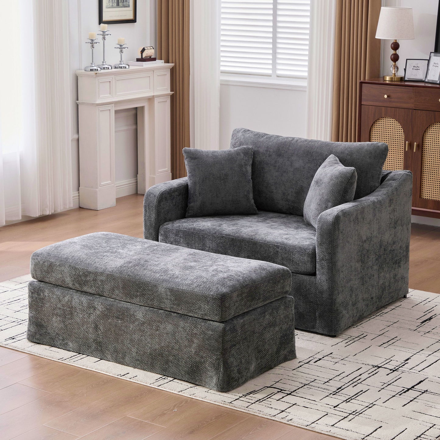 Accent Chair With Ottoman, Includes 2 Bolster Pillows Home Essentials
