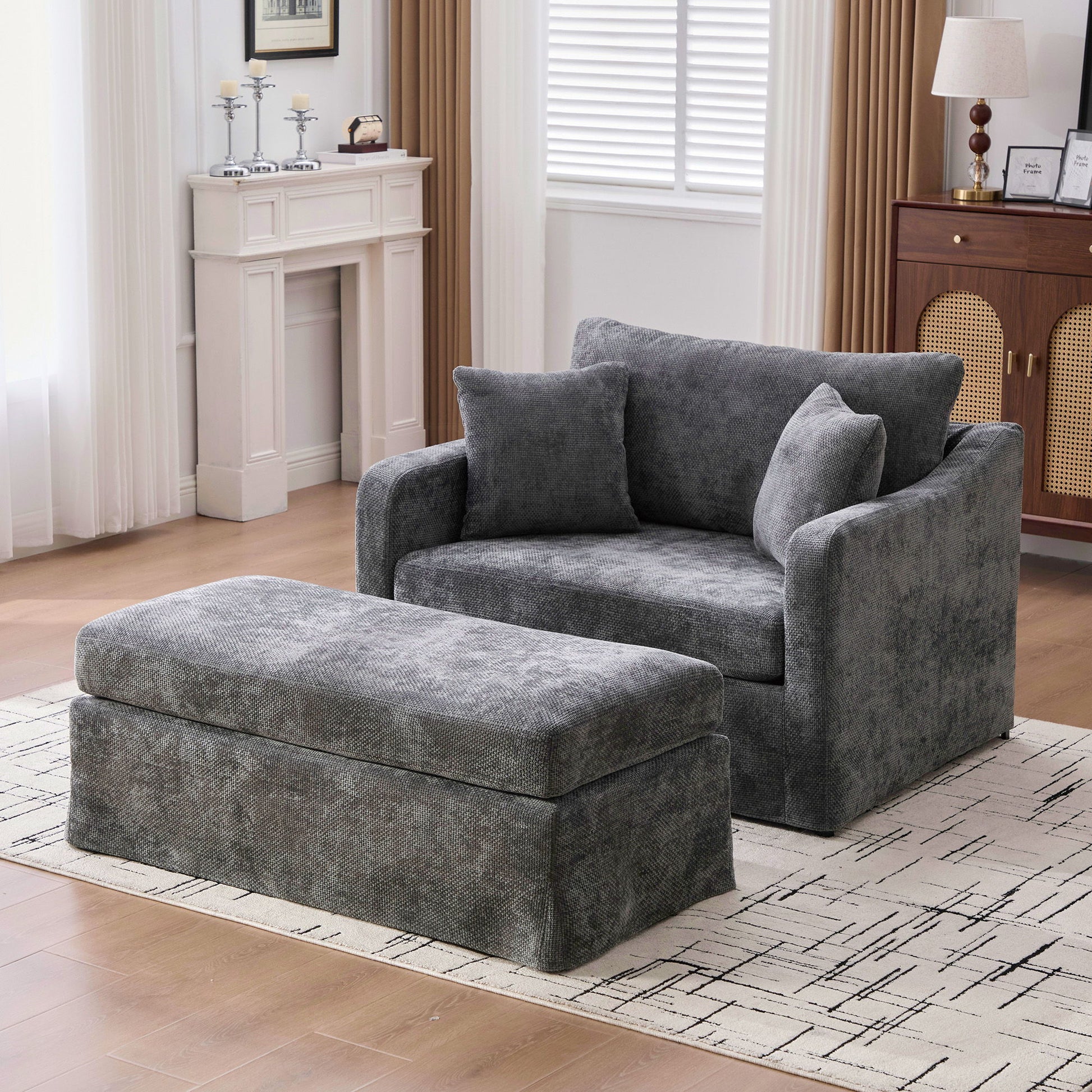 Accent Chair With Ottoman, Includes 2 Bolster Pillows Home Essentials