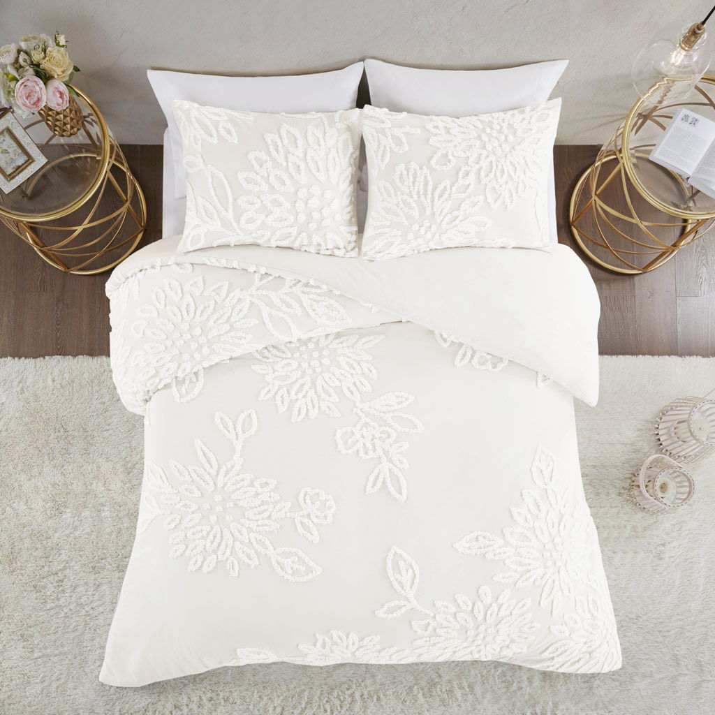 Veronica - 3 Piece Tufted Floral Duvet Cover Set - Off White