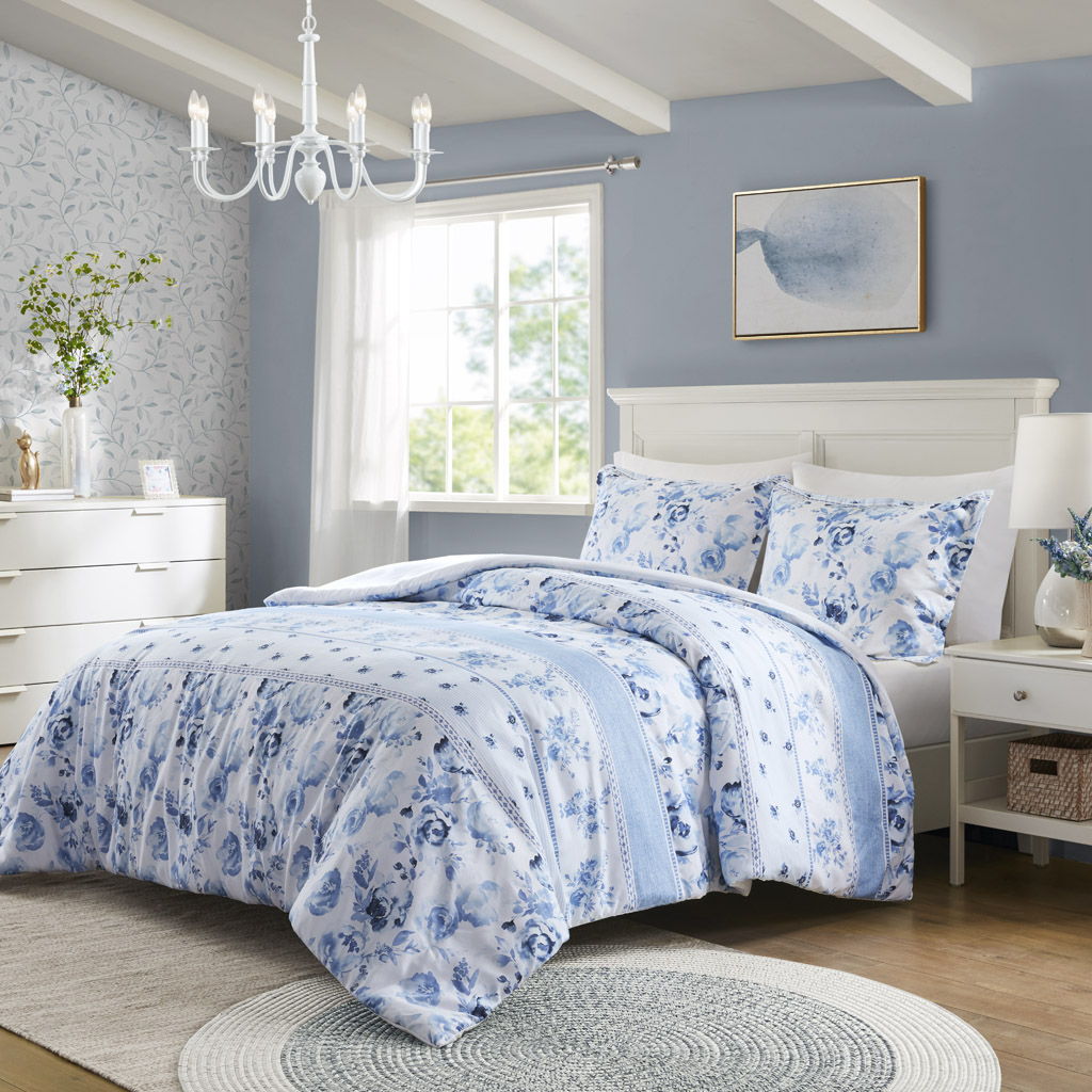 Christa - Floral Striped Twin Duvet Cover Set - Blue Intelligent Design