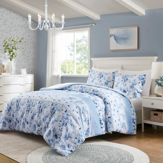 Christa - Floral Striped Twin Duvet Cover Set - Blue Intelligent Design