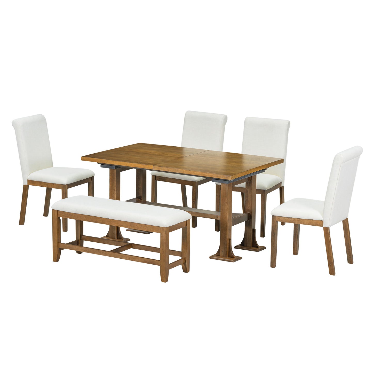Topmax - 6 Piece Farmhouse Extendable Dining Table Set Trestle Kitchen Table Set With Removable Leaf And Upholstered Dining Chair And Bench For Dining Room Hearth and Haven