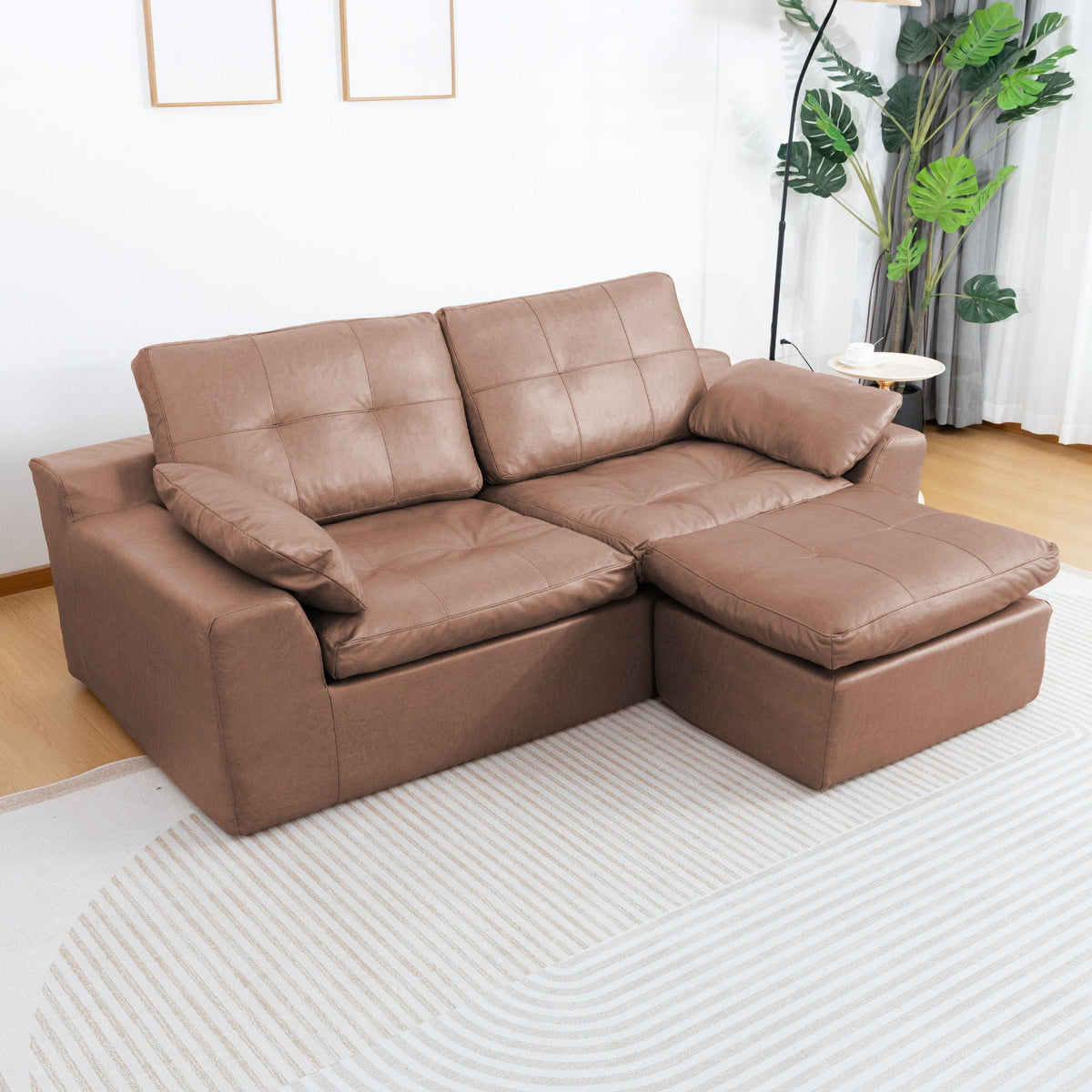 L - Shaped Modular 2 Seater Sofa With Movable Ottoman And High Density Sponge Cushions For Living Room Home Essentials