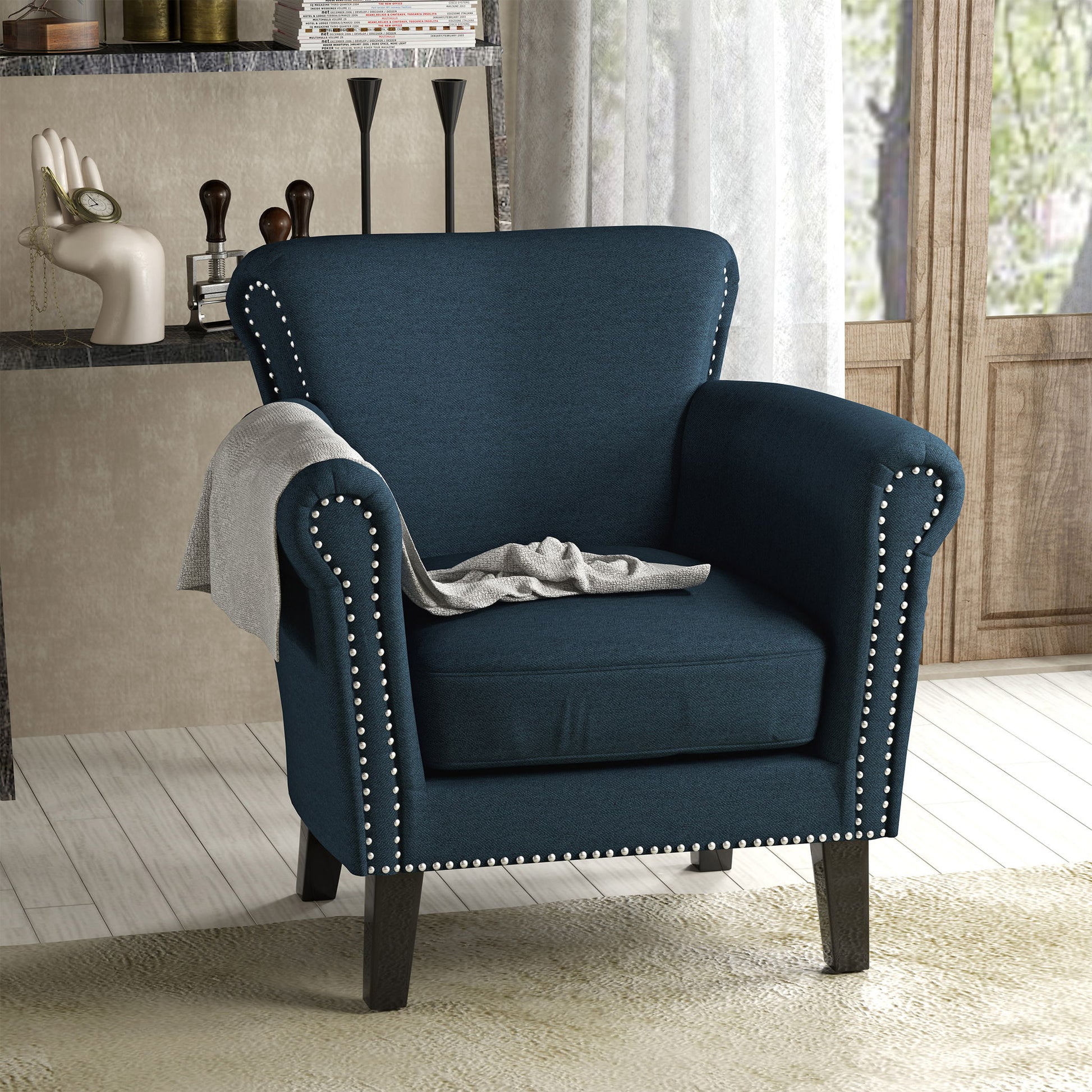 Elegant Club Chair With Nailhead Trim And Birch Wood Legs Noble House