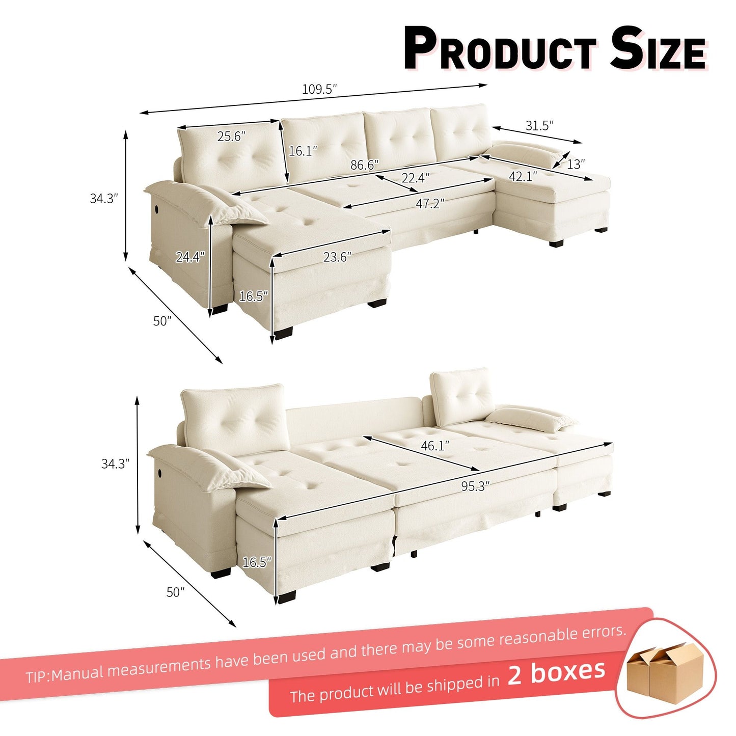 U-Shaped Sleeper Sofa With Pull Out Bed, Removable Armrests & USB Ports For Living Room Home Essentials