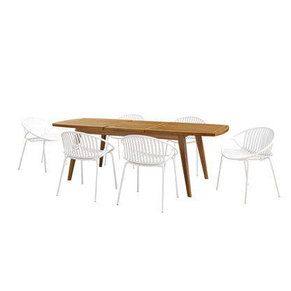 Modern Outdoor 7 Piece Expandable Dining Set With Stackable Chairs Noble House
