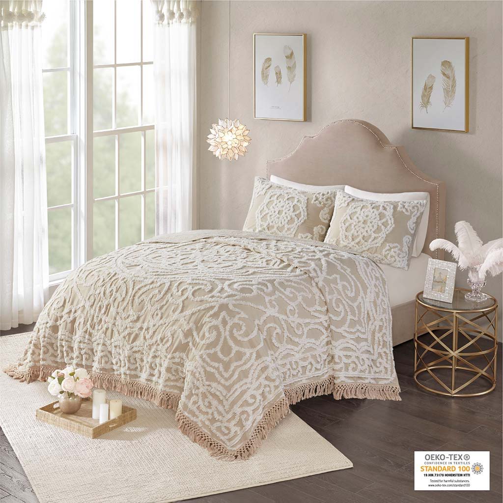 Laetitia - King Tufted Medallion Fringe Coverlet Mini Set - Taupe