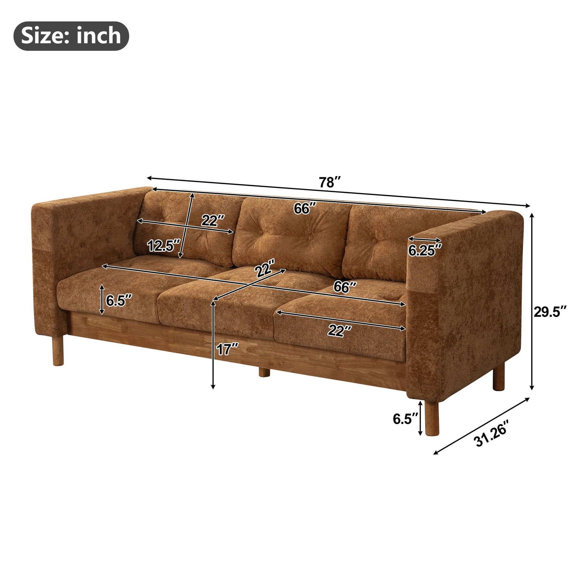 3 Seater Sofa With Square Arms, Tufted Pillow Back For Living Room Noble House