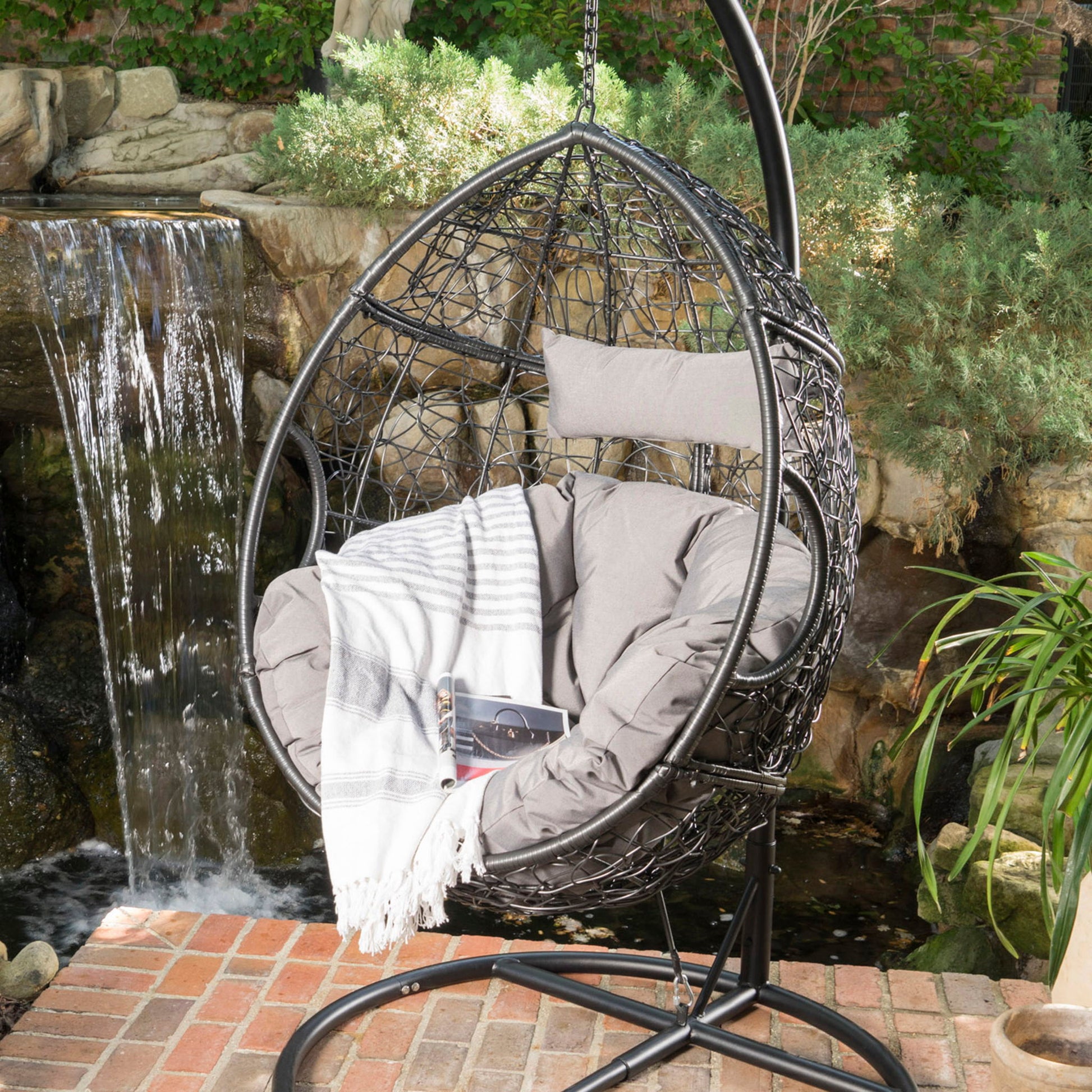Kylie - Boho Style Hanging Basket Chair Rattan With Water Resistant Cushions Noble House