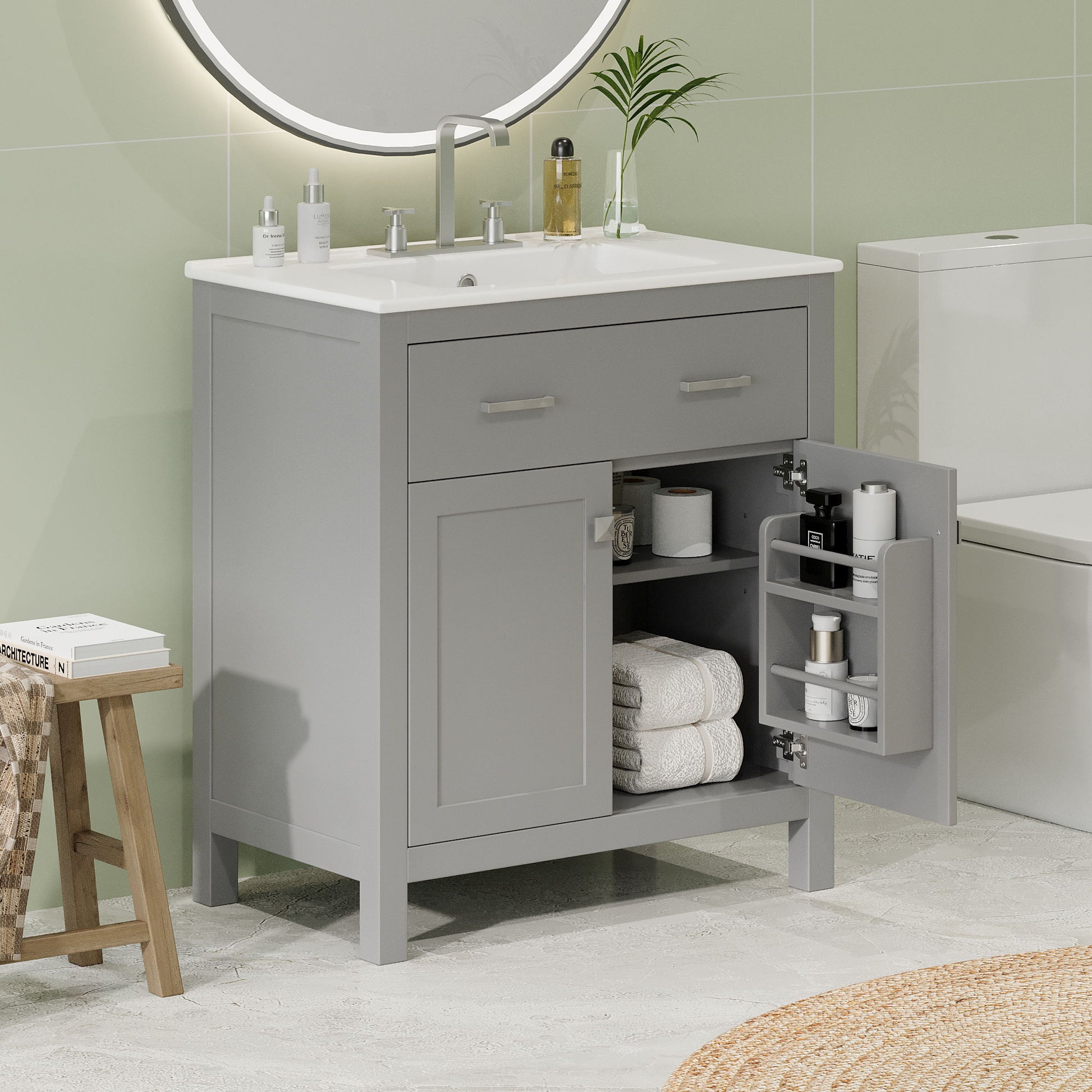 Bathroom Vanity With Ceramic Sink, Modern Single Bathroom Cabinet With 2 Doors And A Shelf, Soft Close Doors Hearth and Haven