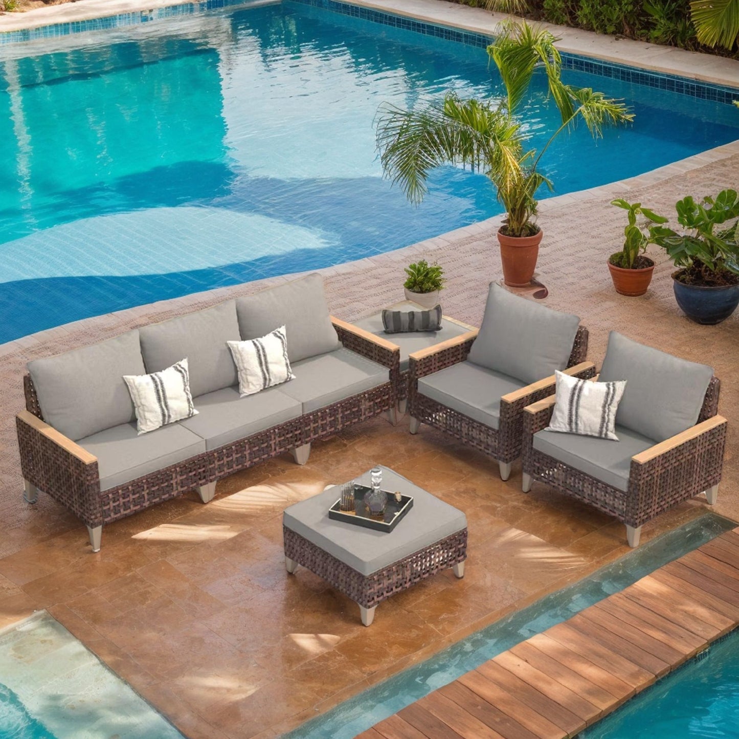 5 Piece Rattan Terrace Furniture Set, 7 Seats Cushions, High Footed Design Home Essentials