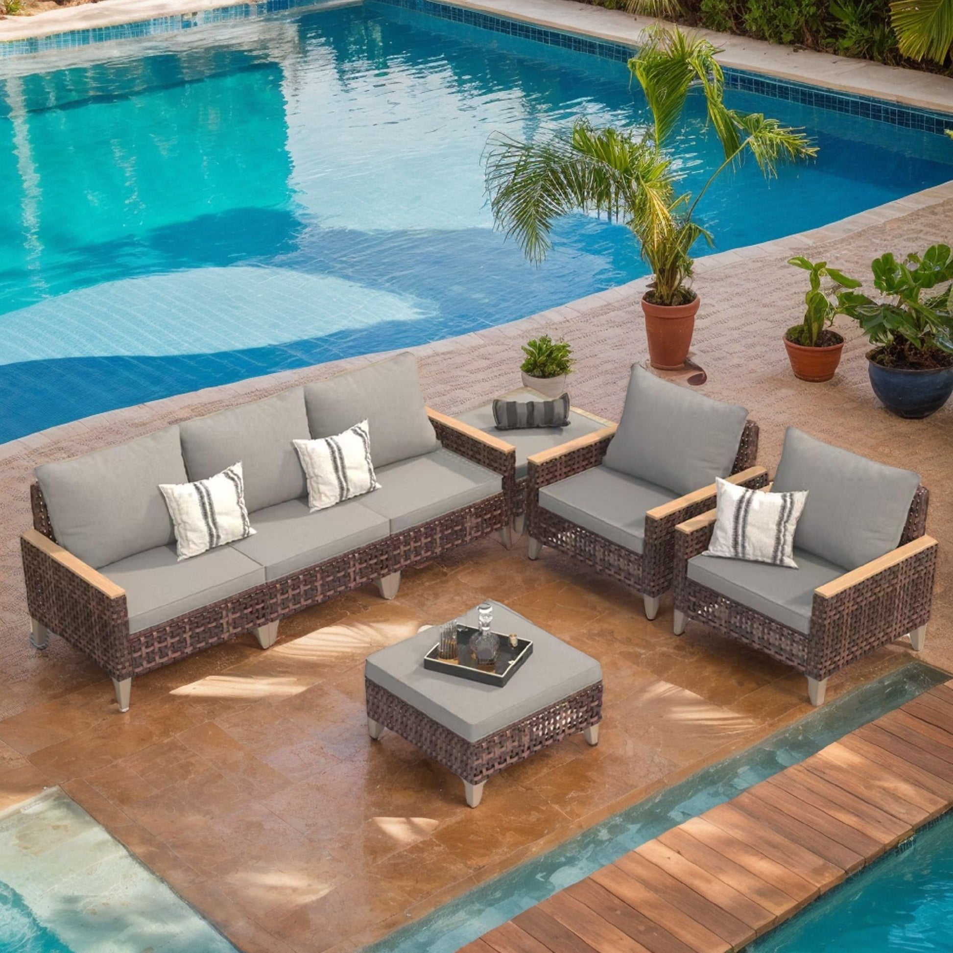 5 Piece Rattan Terrace Furniture Set, 7 Seats Cushions, High Footed Design Home Essentials