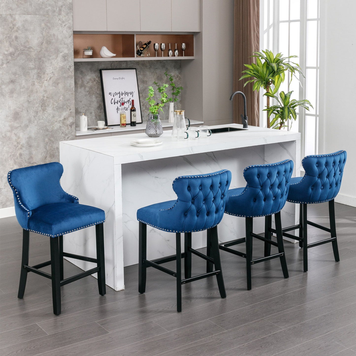 Contemporary Velvet Upholstered Wing-Back Barstools With Button Tufted Decoration And Wooden Legs, And Chrome Nailhead Trim, Leisure Style Bar Chairs, Bar Stools (Set of 4) Home Essentials