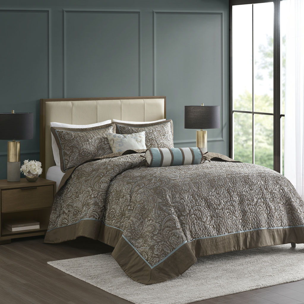 Aubrey - Queen 5 Piece Reversible Bedspread Set - Blue / Brown Madison Park