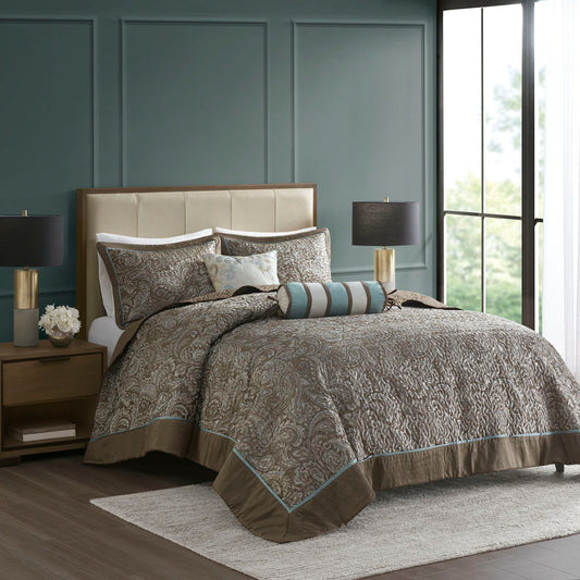 Aubrey - Queen 5 Piece Reversible Bedspread Set - Blue / Brown Madison Park