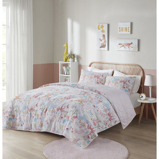 Iris - Twin Woodland Animals Reversible Cotton Quilt Set - Blush Urban Habitat Kids