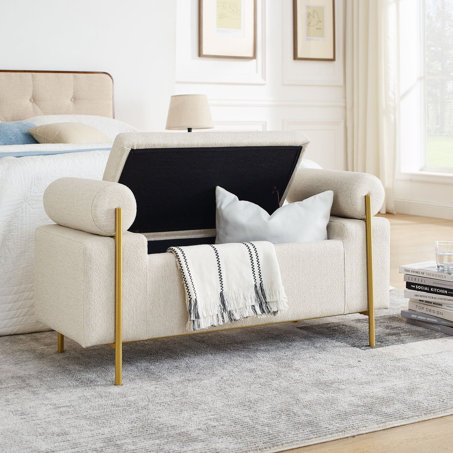 Elegant Upholstered Linen Storage Bench With Cylindrical Arms And Iron Legs, White Home Essentials