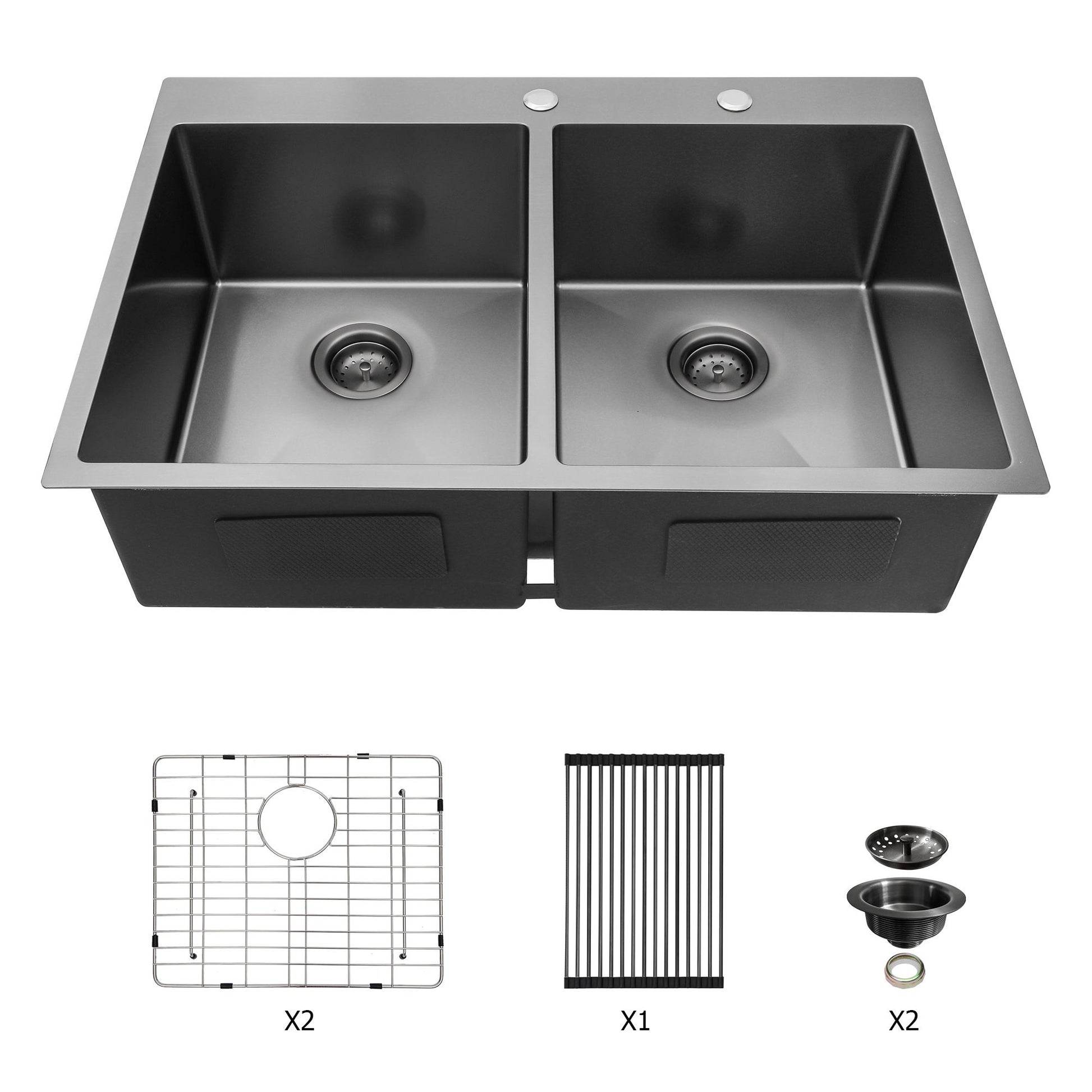 Double Bowl Drop In Kitchen Sink 33" X 22" With 16 Gauge Stainless Steel And 2 10" Deep Basins - Gunmetal Black Daily Nest