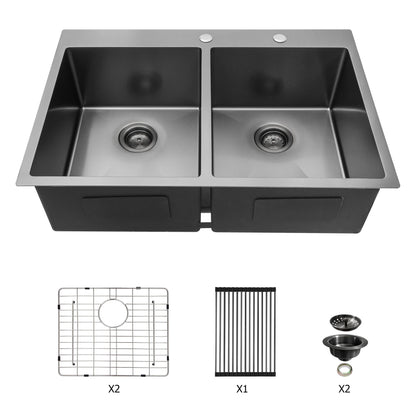 Double Bowl Drop In Kitchen Sink 33" X 22" With 16 Gauge Stainless Steel And 2 10" Deep Basins - Gunmetal Black Daily Nest