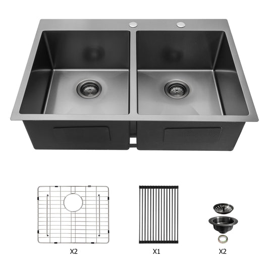 Double Bowl Drop In Kitchen Sink 33" X 22" With 16 Gauge Stainless Steel And 2 10" Deep Basins - Gunmetal Black Daily Nest