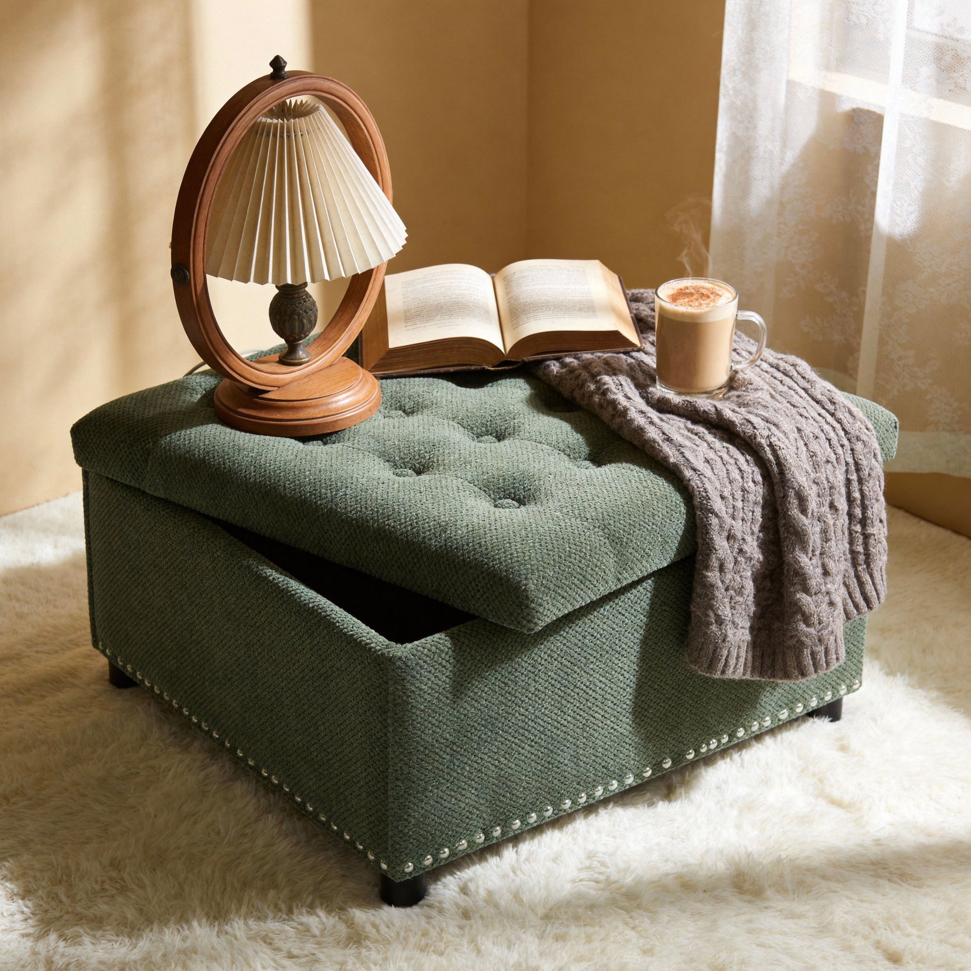 Square Tufted Storage Ottoman With Nailhead Trim Home Essentials