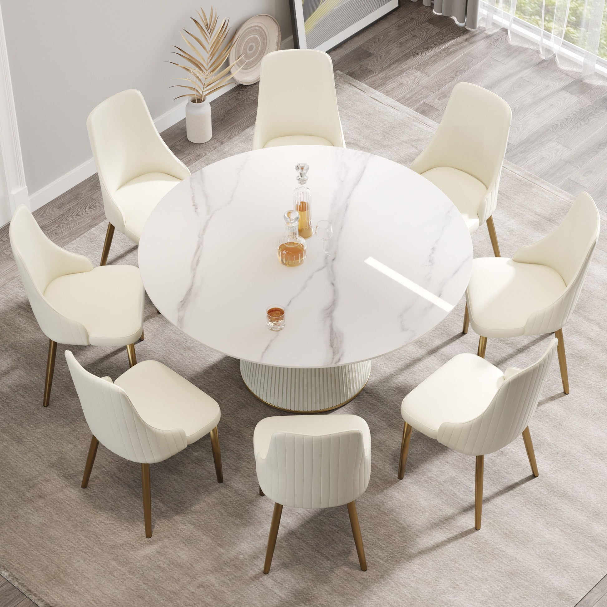 Modern Artificial Stone Round Plywood Base Dining Table, Can Accommodate 8 People, (Not Including Chairs) - White / Beige Home Essentials