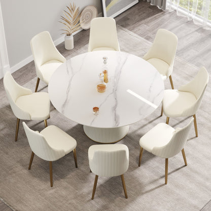 Modern Artificial Stone Round Plywood Base Dining Table, Can Accommodate 8 People, (Not Including Chairs) - White / Beige Home Essentials