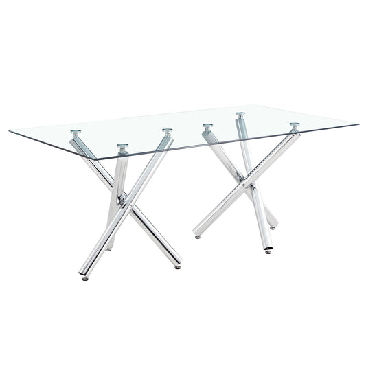 Modern Minimalist Rectangular Glass Dining Table With Tempered Glass Top And Chrome Legs For Kitchen - Silver / Transparent