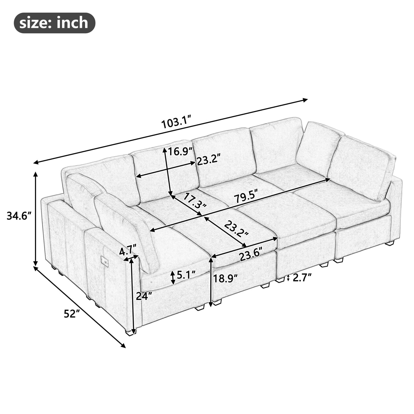 Sectional Sofa Couch Sofa Bed U-Shaped Sofa With Two Movable Ottoman And Three USB Ports For Living Room