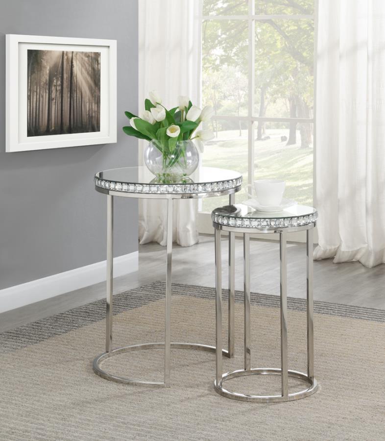 Addison - 2-Piece Round Mirror Top Nesting Tables - Silver