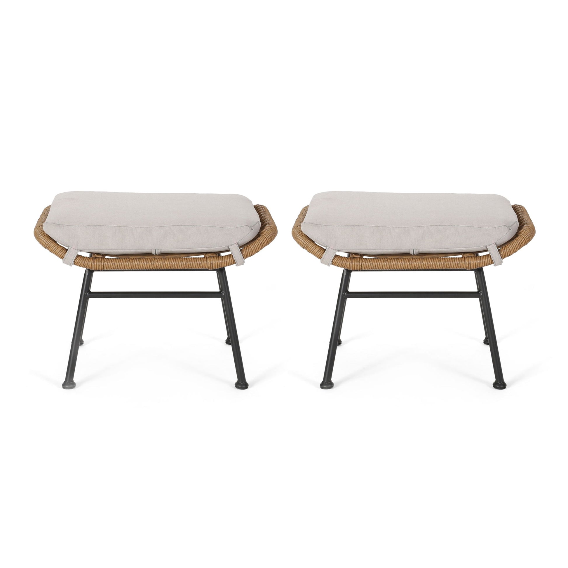 Outdoor Modern Boho Wicker Ottoman With Cushions (Set of 2) Noble House