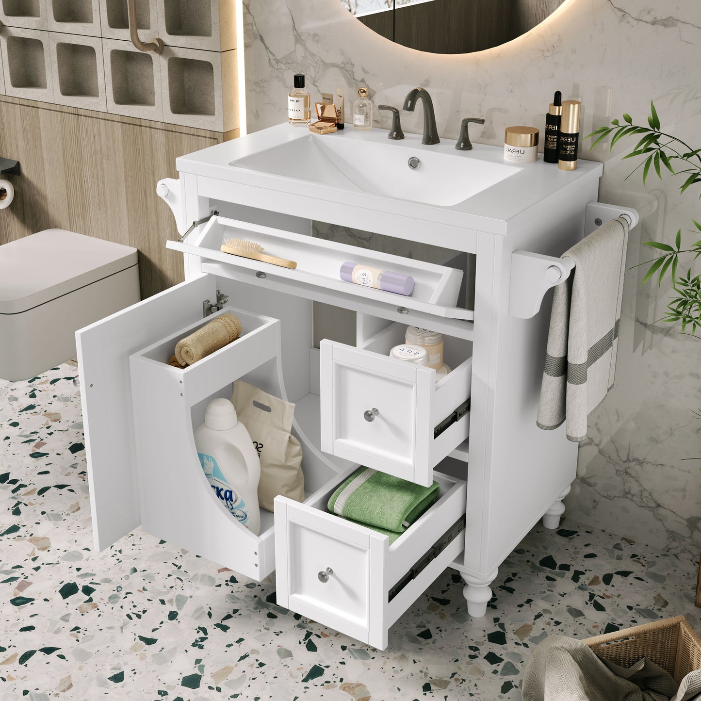 Bathroom Vanity With Top Sink, Modern Storage Cabinet With 2 Drawers And A Tip-Out Drawer