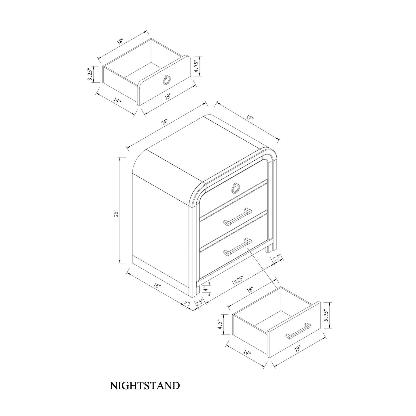 Malco - Nightstand With Spacious Drawer And Gold Metal Fluted Detailing - Black White Global Furniture USA