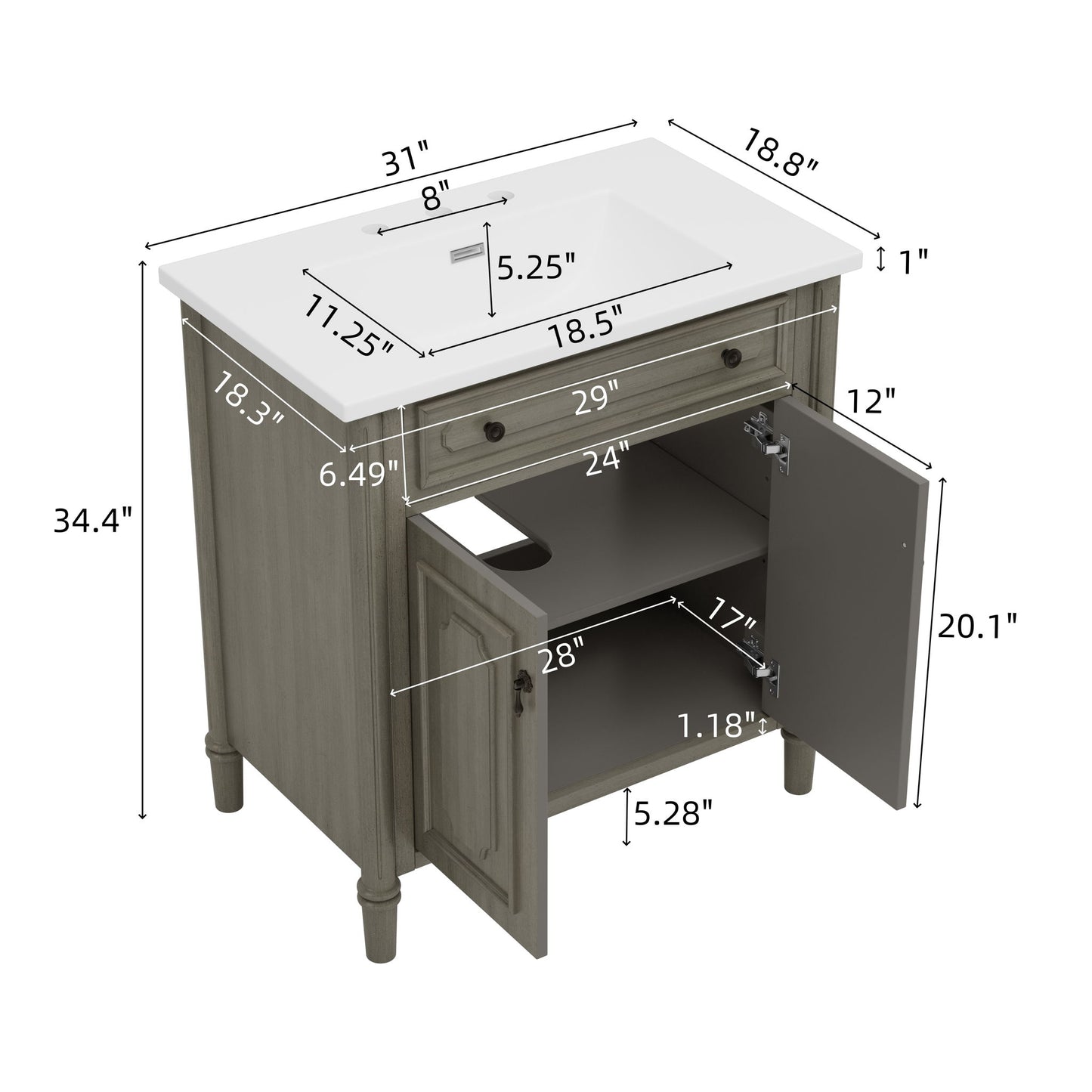 Vintage Bathroom Vanity With Sink, Rustic Cabinet With Soft Close Doors Noble House