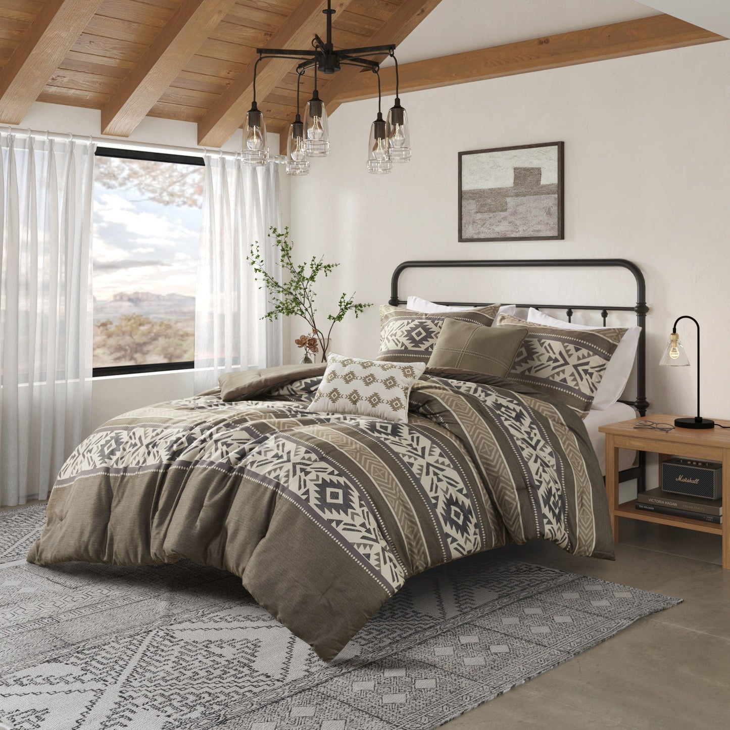 Mariposa - 5 Piece Full/Queen Stripe Herringbone Comforter Set With Throw Pillows - Brown Madison Park