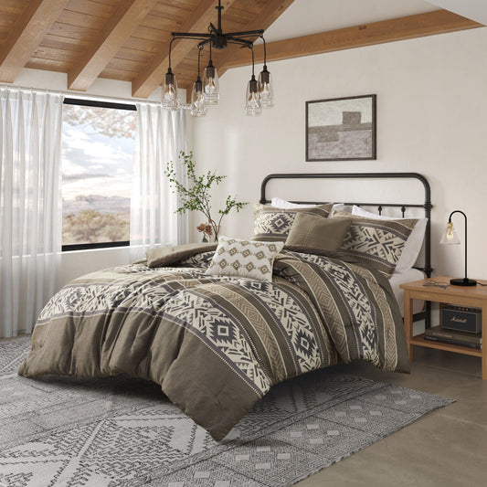 Mariposa - 5 Piece Full/Queen Stripe Herringbone Comforter Set With Throw Pillows - Brown Madison Park
